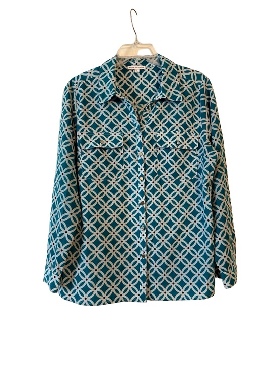 Notations Tops - Notations Teal and White Geometric Blouse